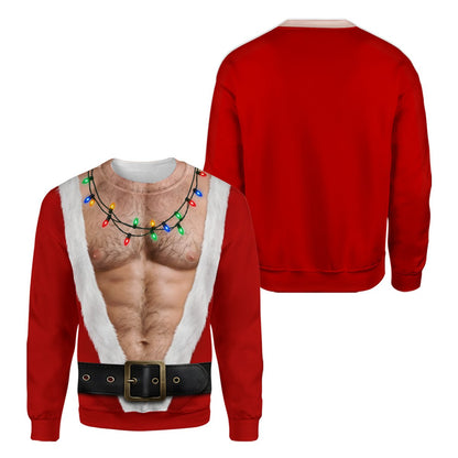 Funny mens ugly christmas sweater featuring a printed hairy chest and Santa suit, red front view