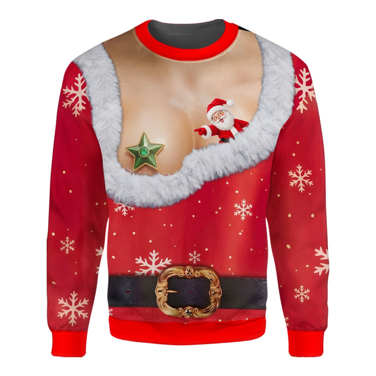 Funny ugly christmas sweater mens design with a torn Santa suit and exposed chest illusion, main view