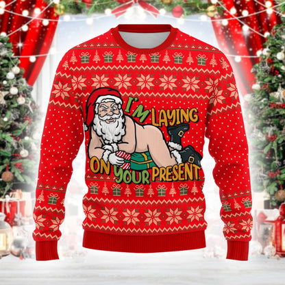 Angled front view of the red funny ugly christmas sweater