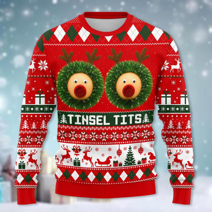 Red ugly funny christmas sweater featuring tinsel wreath reindeer heads and text, main view
