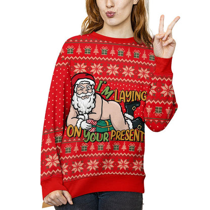 Lifestyle shot of a man in the funny christmas ugly sweater smiling