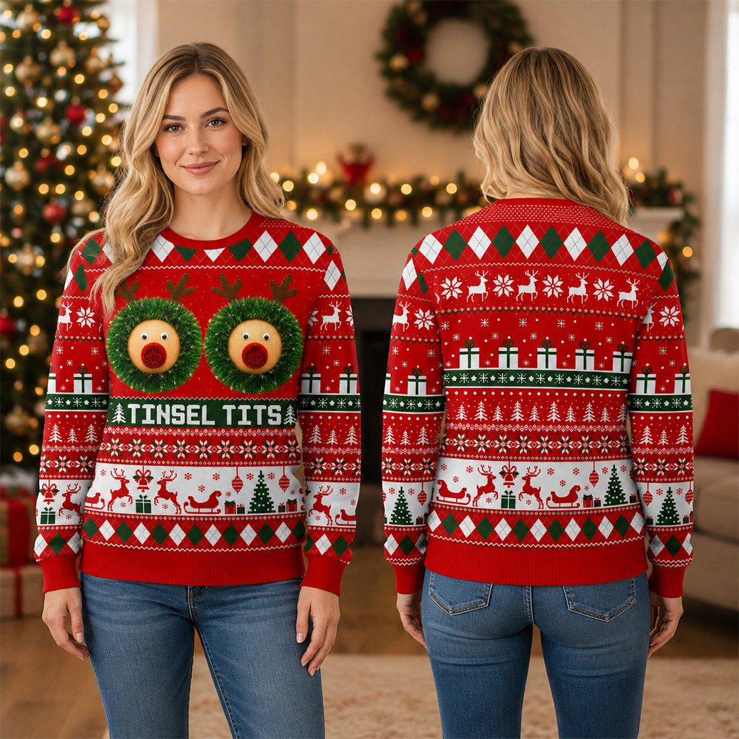 Second lifestyle view showing the holiday ugly sweater being worn