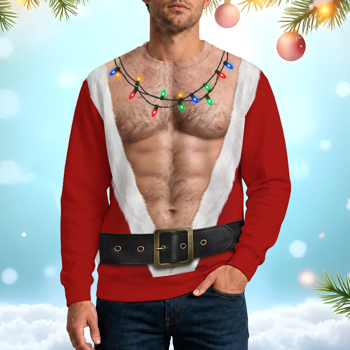 Person wearing the funny mens ugly christmas sweater at a holiday party