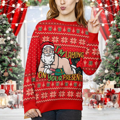 Man wearing the funny ugly christmas sweater at a holiday party