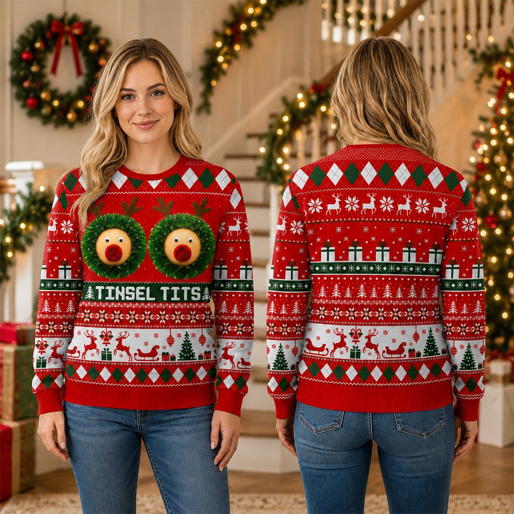 Lifestyle view of an adult wearing the funny christmas sweater