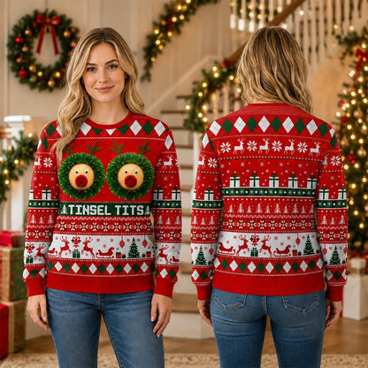 Lifestyle view of an adult wearing the funny christmas sweater