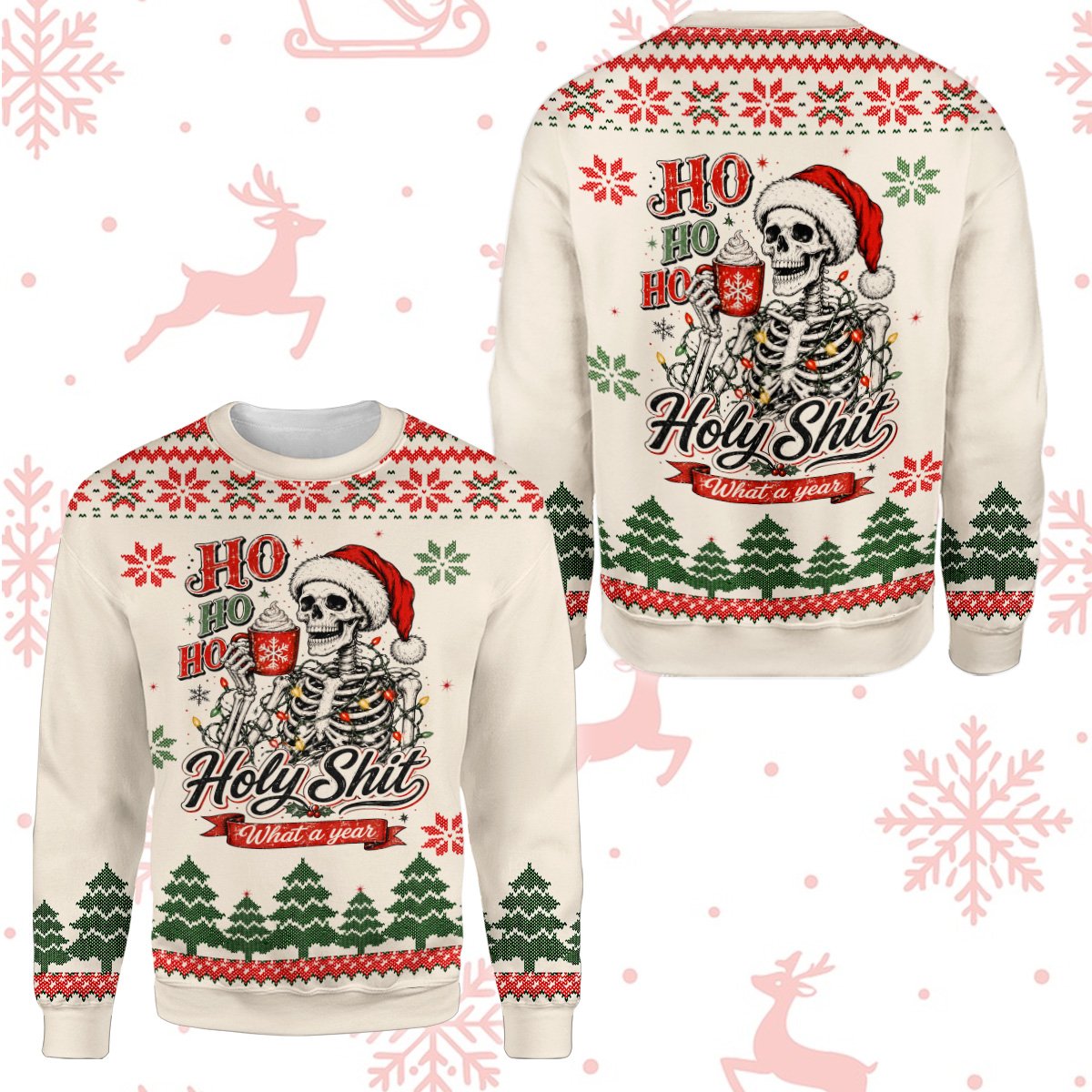 Close up front view of the skeleton holiday ugly sweater design