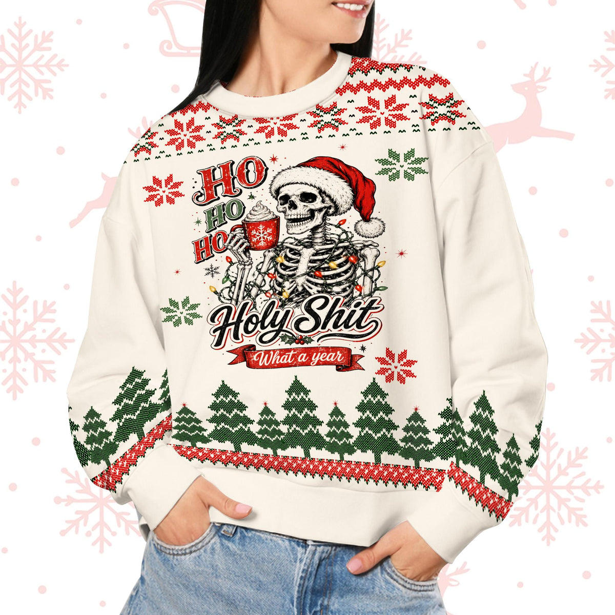 Ugly xmas sweater funny design featuring a skeleton holding a mug, main view