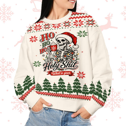 Front view of the beige funny ugly sweater with a skeleton and fair isle pattern