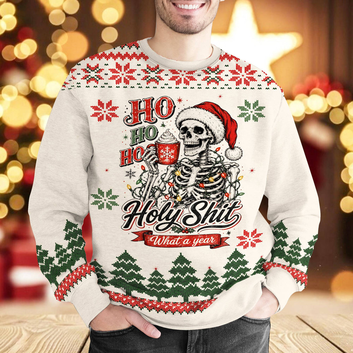 Lifestyle shot of the beige funny ugly sweater worn during the holidays