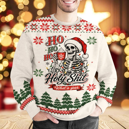 Lifestyle shot of the beige funny ugly sweater worn during the holidays