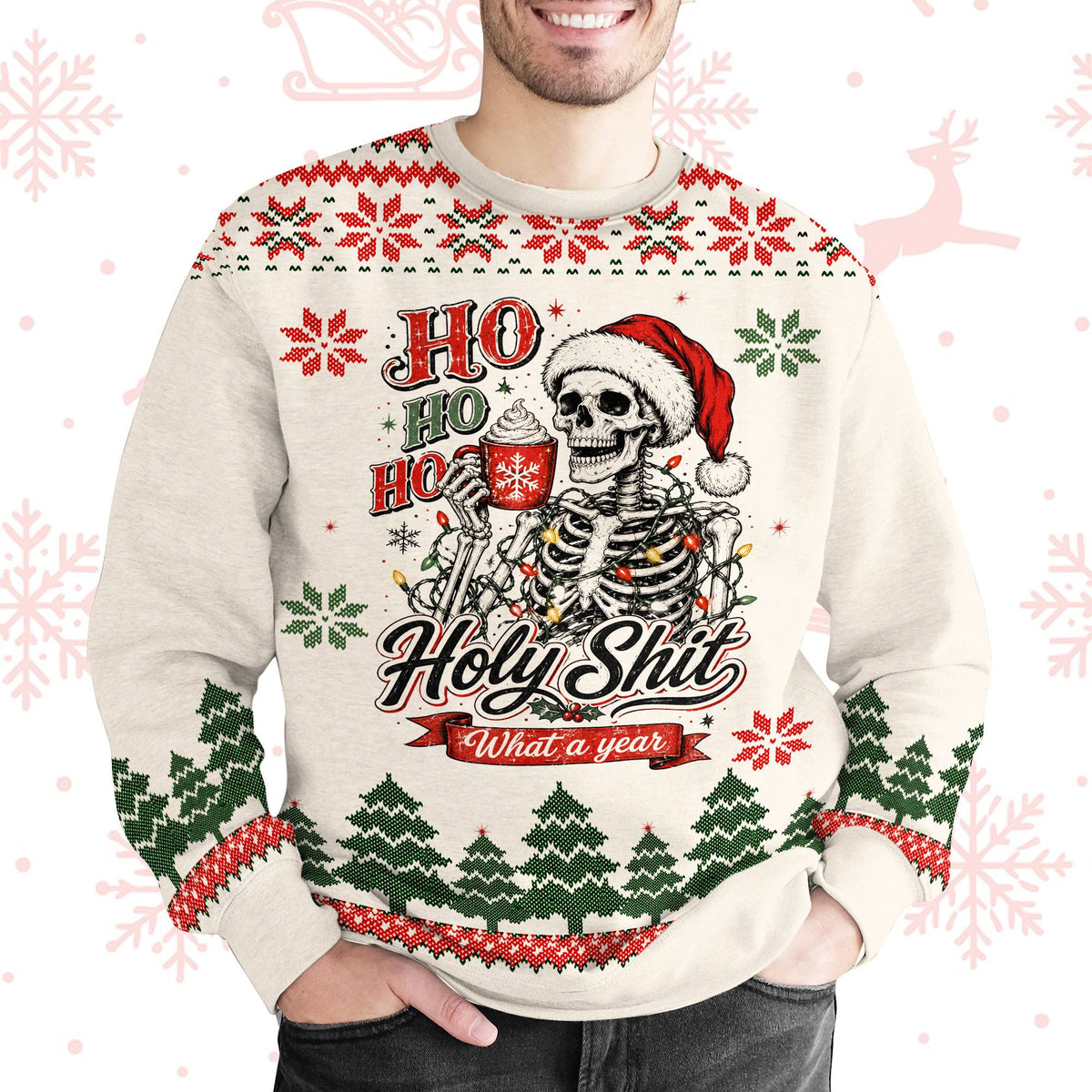 Another lifestyle view of the holiday ugly sweater in a festive setting