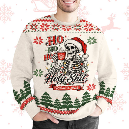Another lifestyle view of the holiday ugly sweater in a festive setting