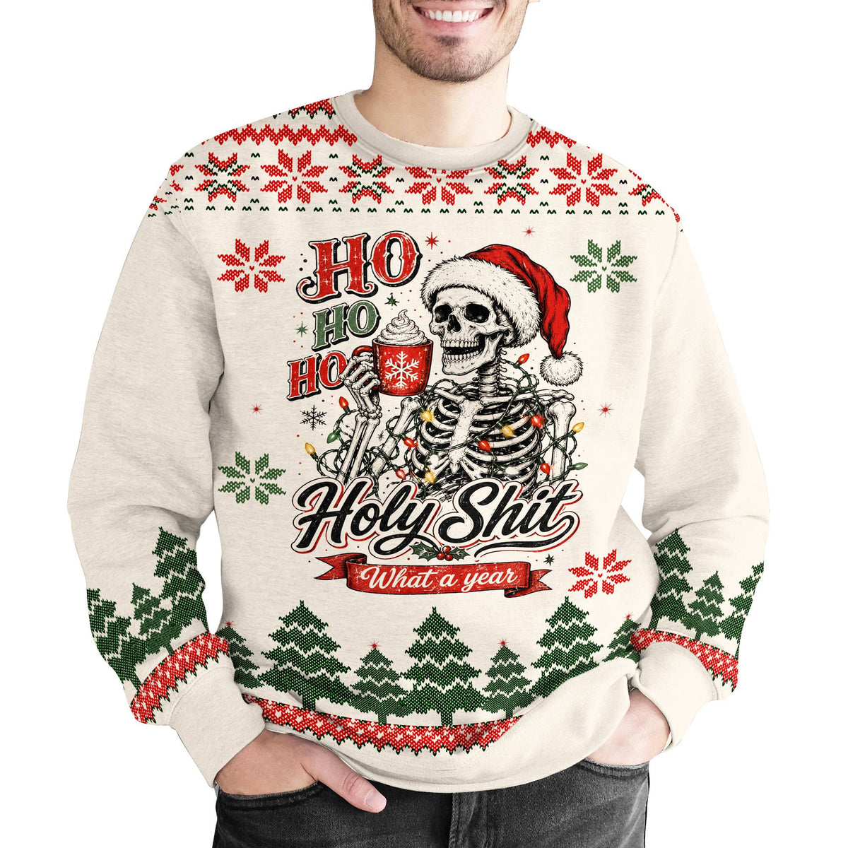 Person wearing the funny ugly sweater ideas design outdoors