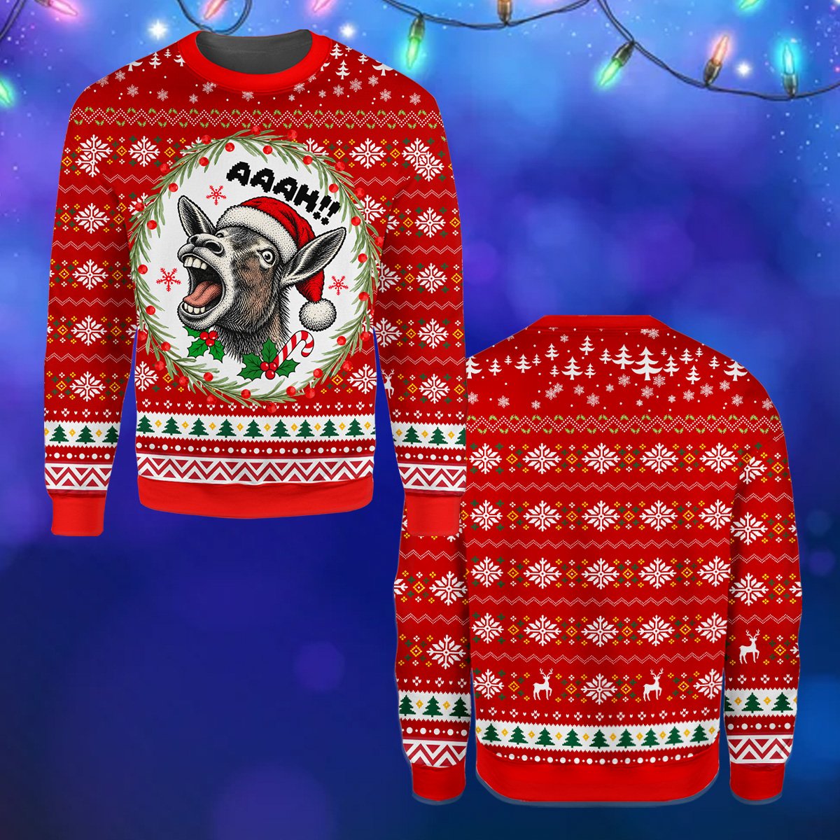 Red funny donkey ugly sweater back view showing fair isle pattern