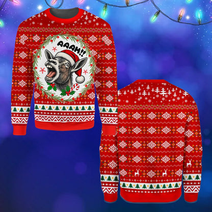 Red funny donkey ugly sweater back view showing fair isle pattern