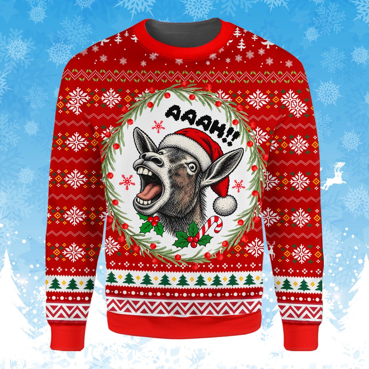 Red funny donkey ugly sweater front view 3