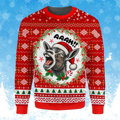 Red funny donkey ugly sweater front view 3