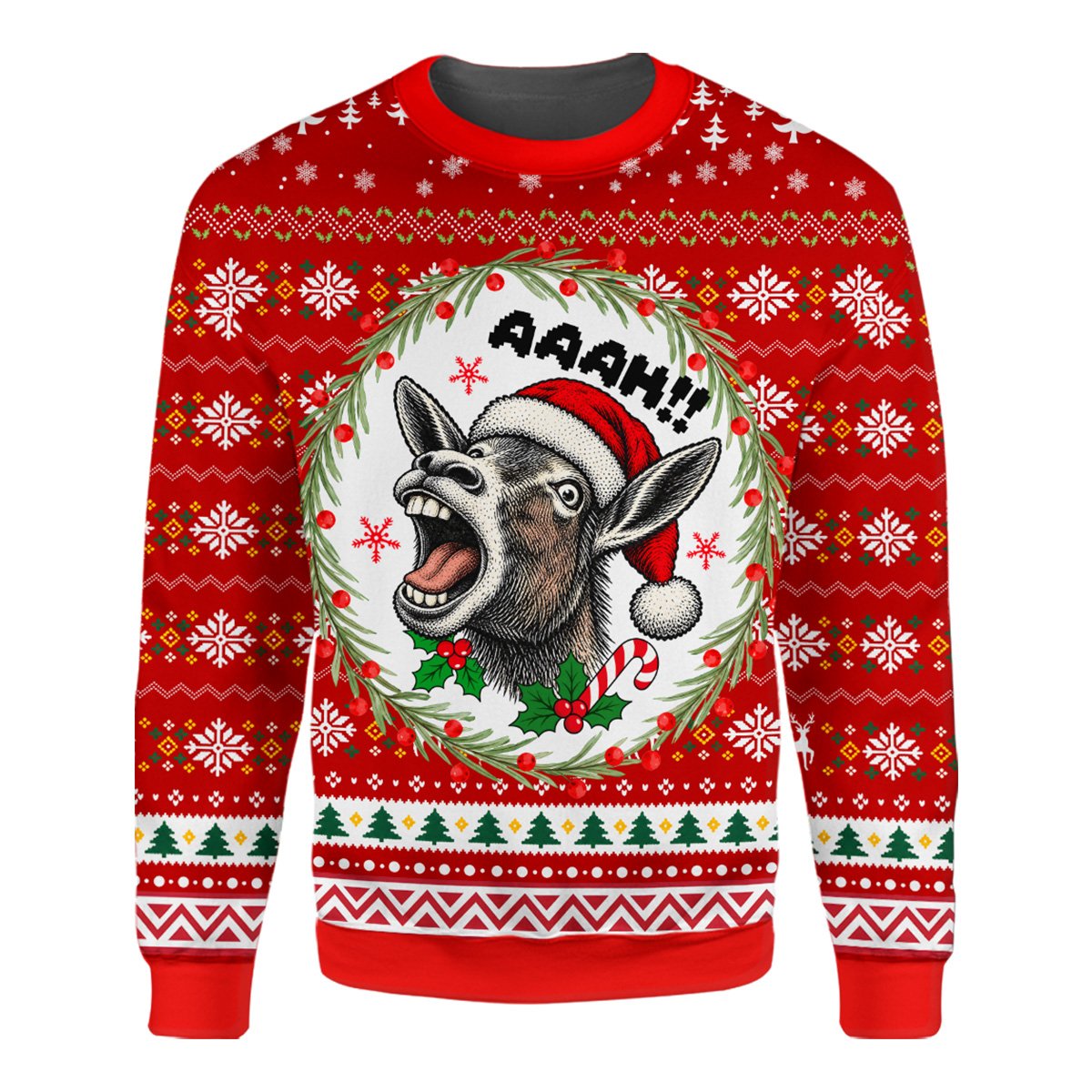Red funny donkey ugly sweater front view 5