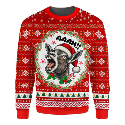 Red funny donkey ugly sweater front view 5