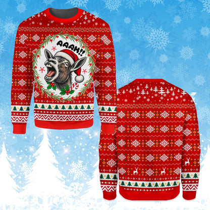 Red funny donkey ugly sweater front view 6