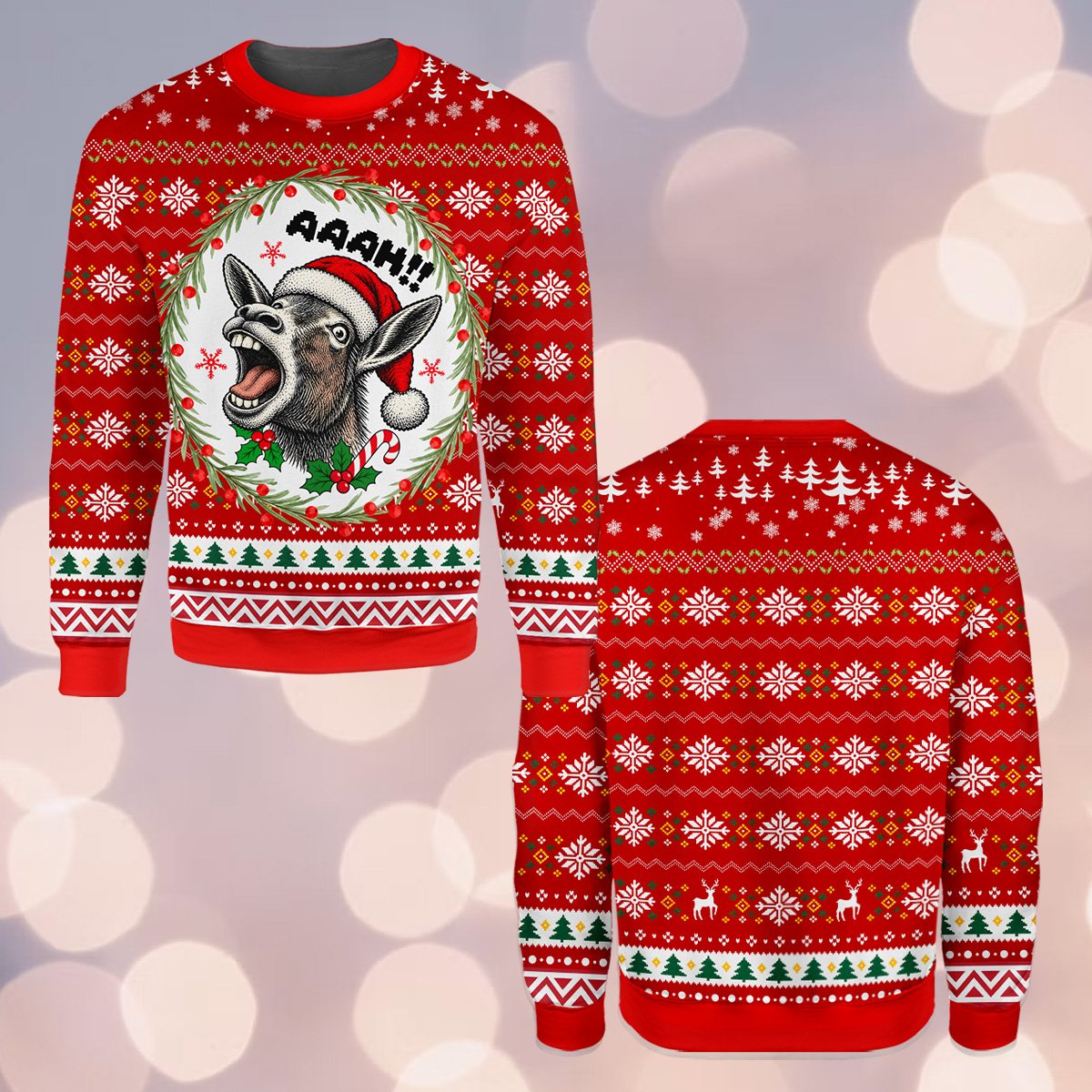Red funny donkey ugly sweater with screaming donkey in wreath, main view