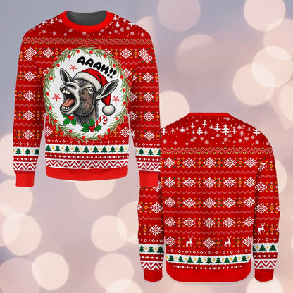 Red funny donkey ugly sweater with screaming donkey in wreath, main view