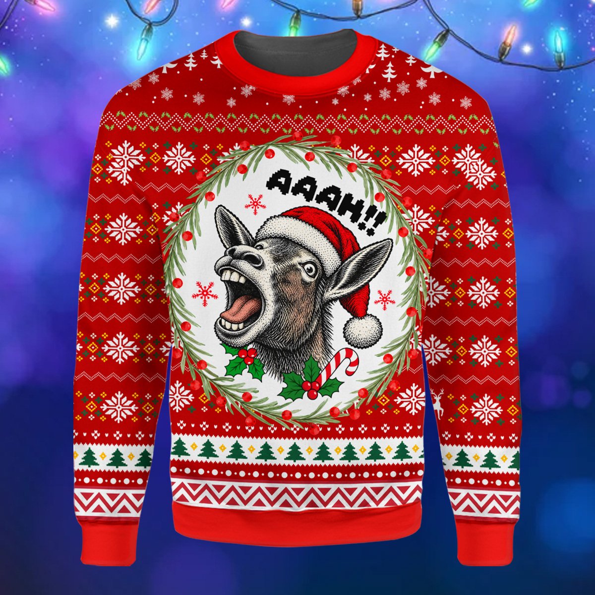 Lifestyle view of someone wearing the red funny donkey ugly sweater