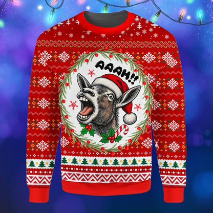 Lifestyle view of someone wearing the red funny donkey ugly sweater