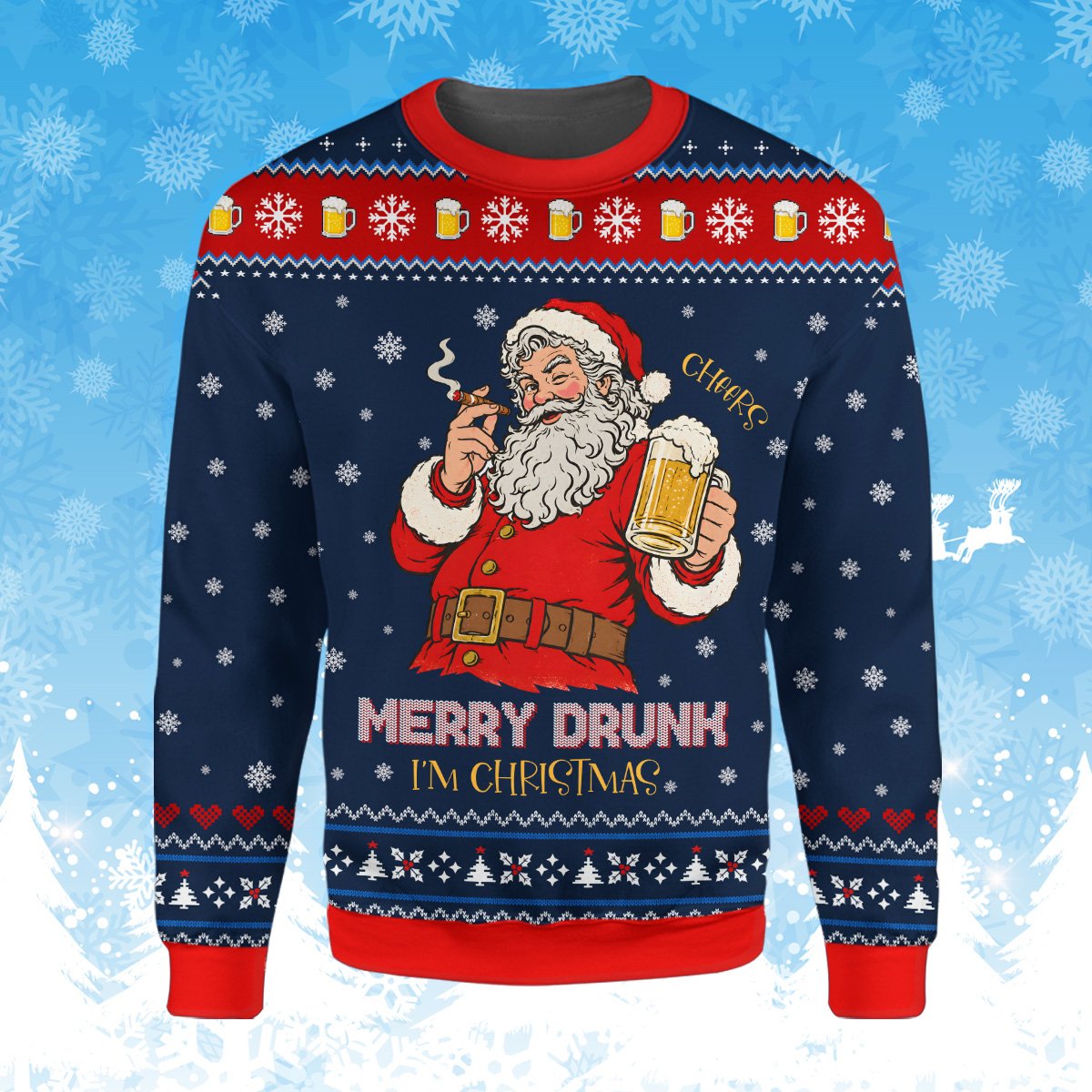 Ugly christmas sweater funny santa holding beer front view 3