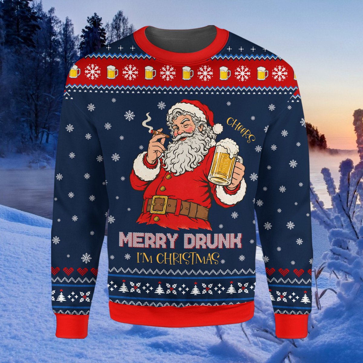 Funny ugly sweater christmas navy santa design front view 2