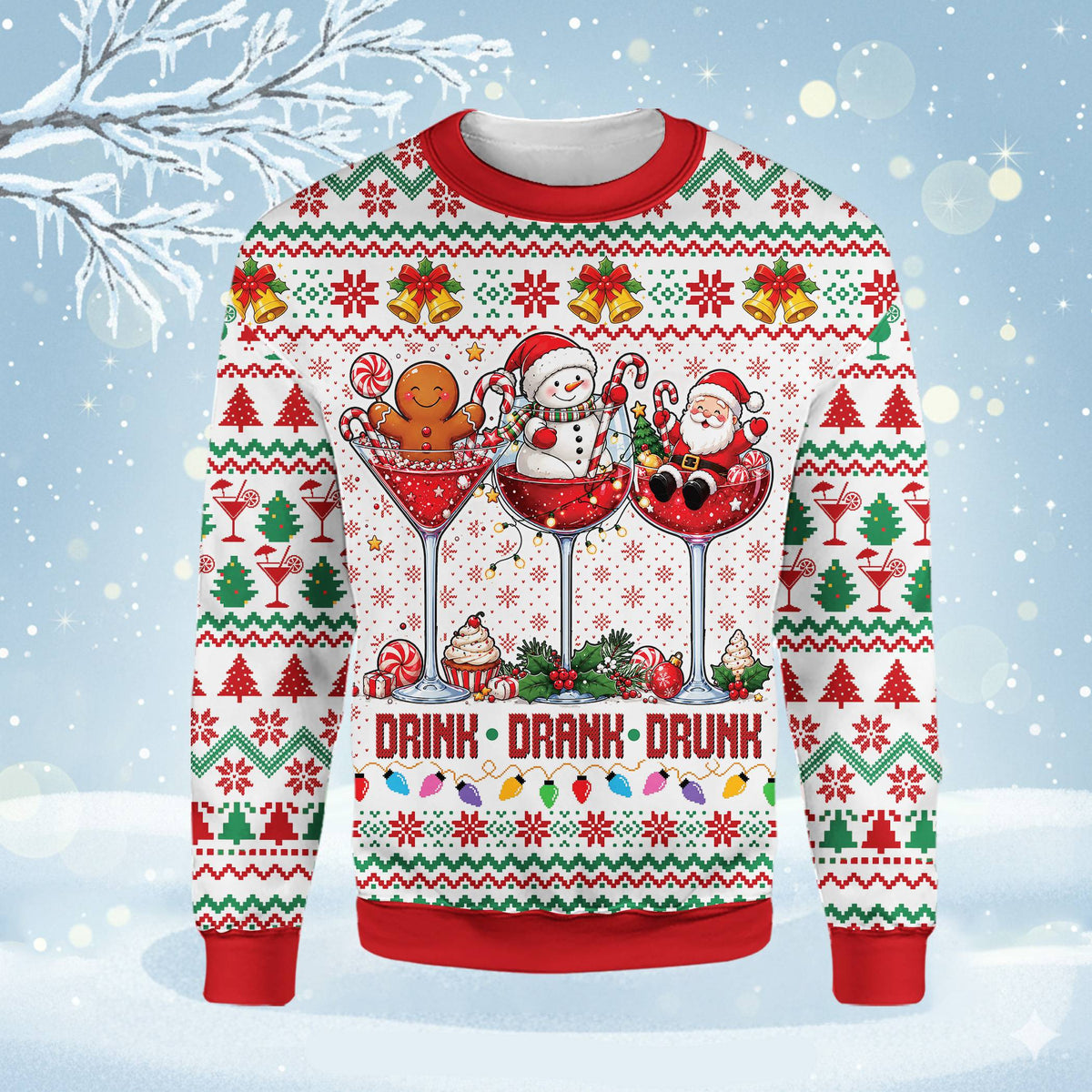 Close up front view of drink drank drunk ugly christmas sweater