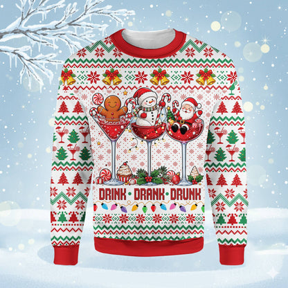 Close up front view of drink drank drunk ugly christmas sweater