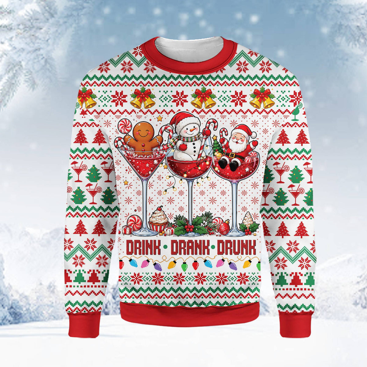 Funny drinking game ugly christmas sweater with drink drank drunk design on white background