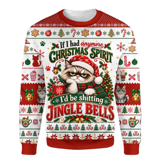 Grumpy ugly sweater with a funny cat design and holiday motifs, front view