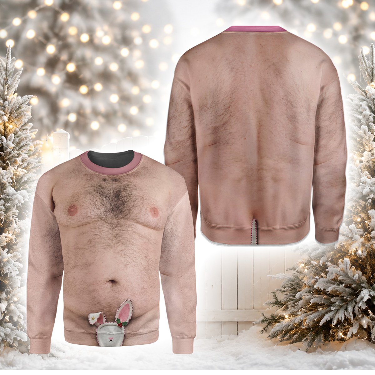 Another front view of the funny hairy chest holiday sweater