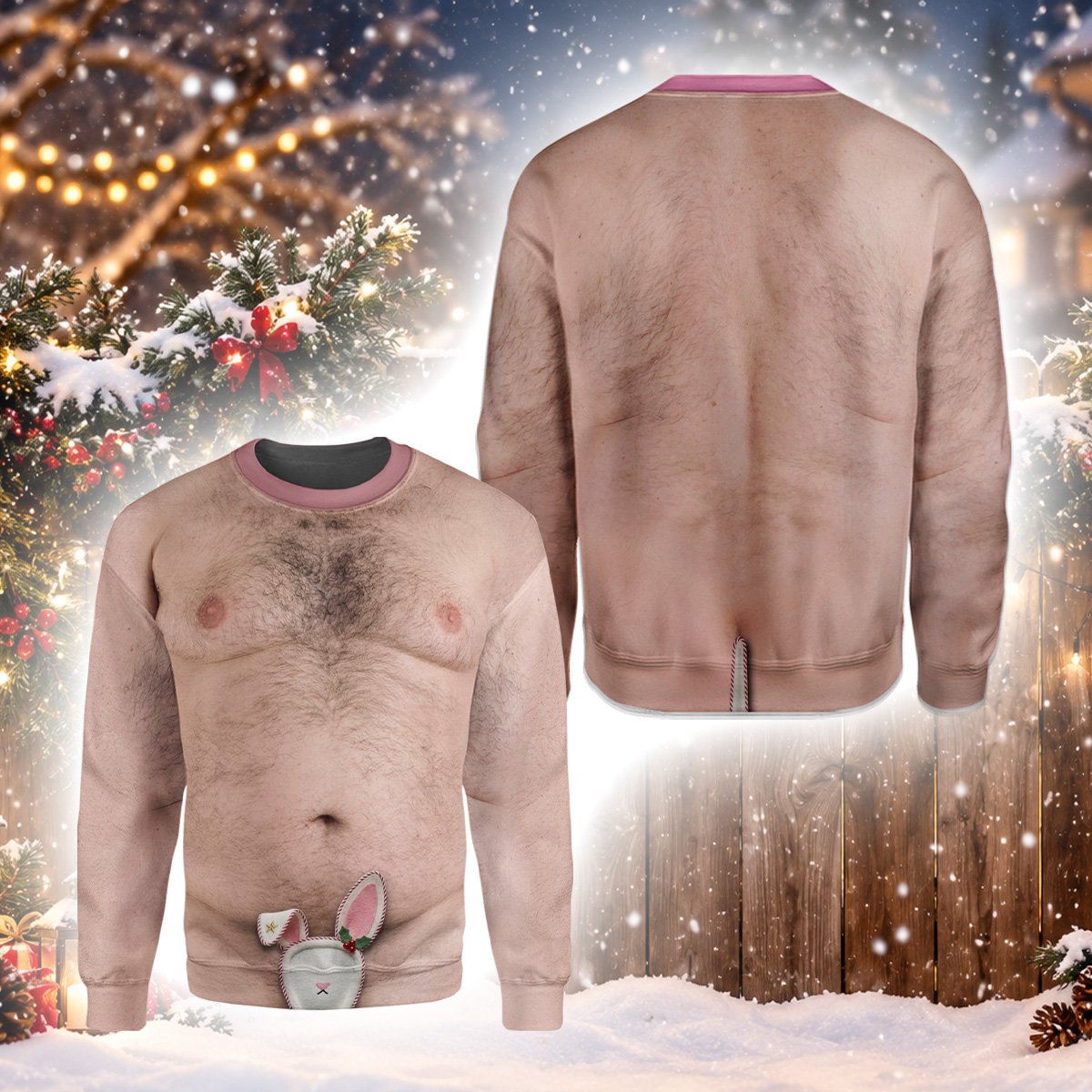 Additional front view of the ugly christmas sweater with hairy chest print