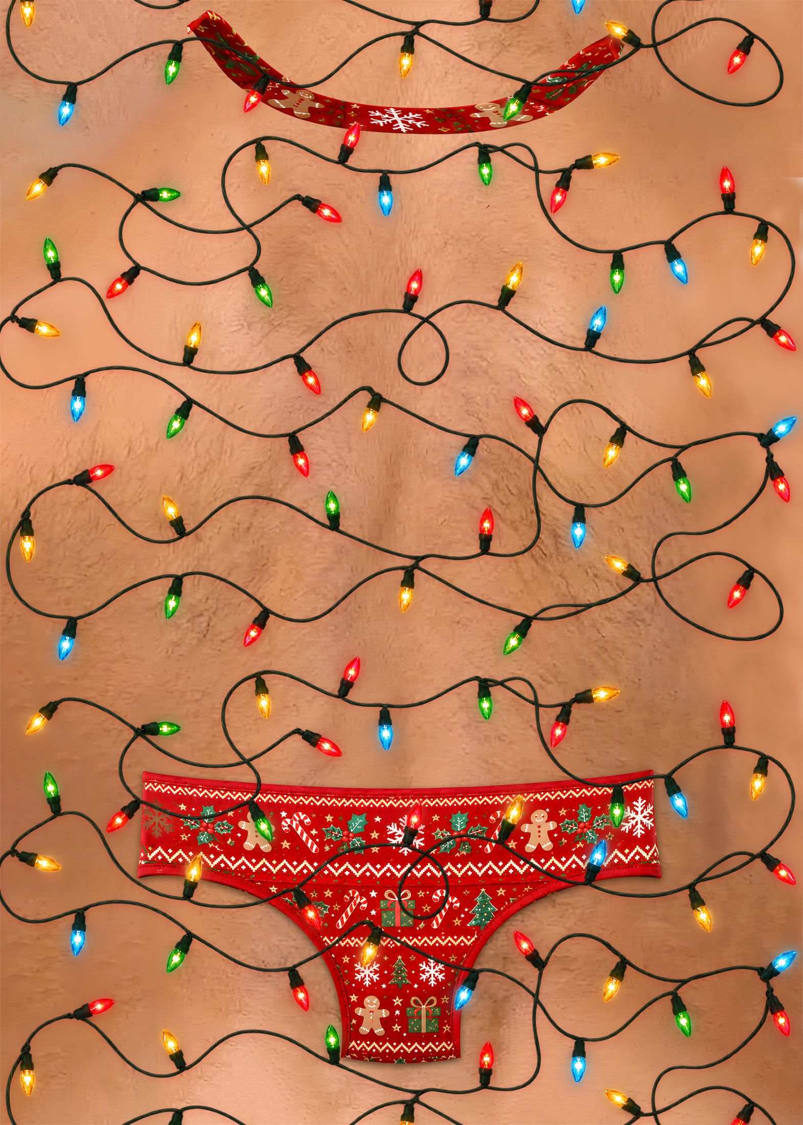 Another view of the vibrant multicolor print on the funny ugly sweater