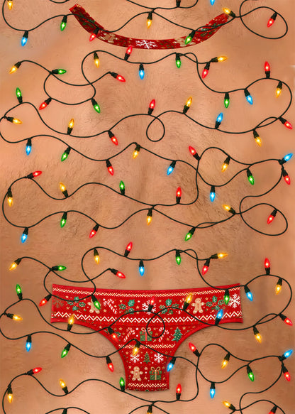 Another view of the vibrant multicolor print on the funny ugly sweater