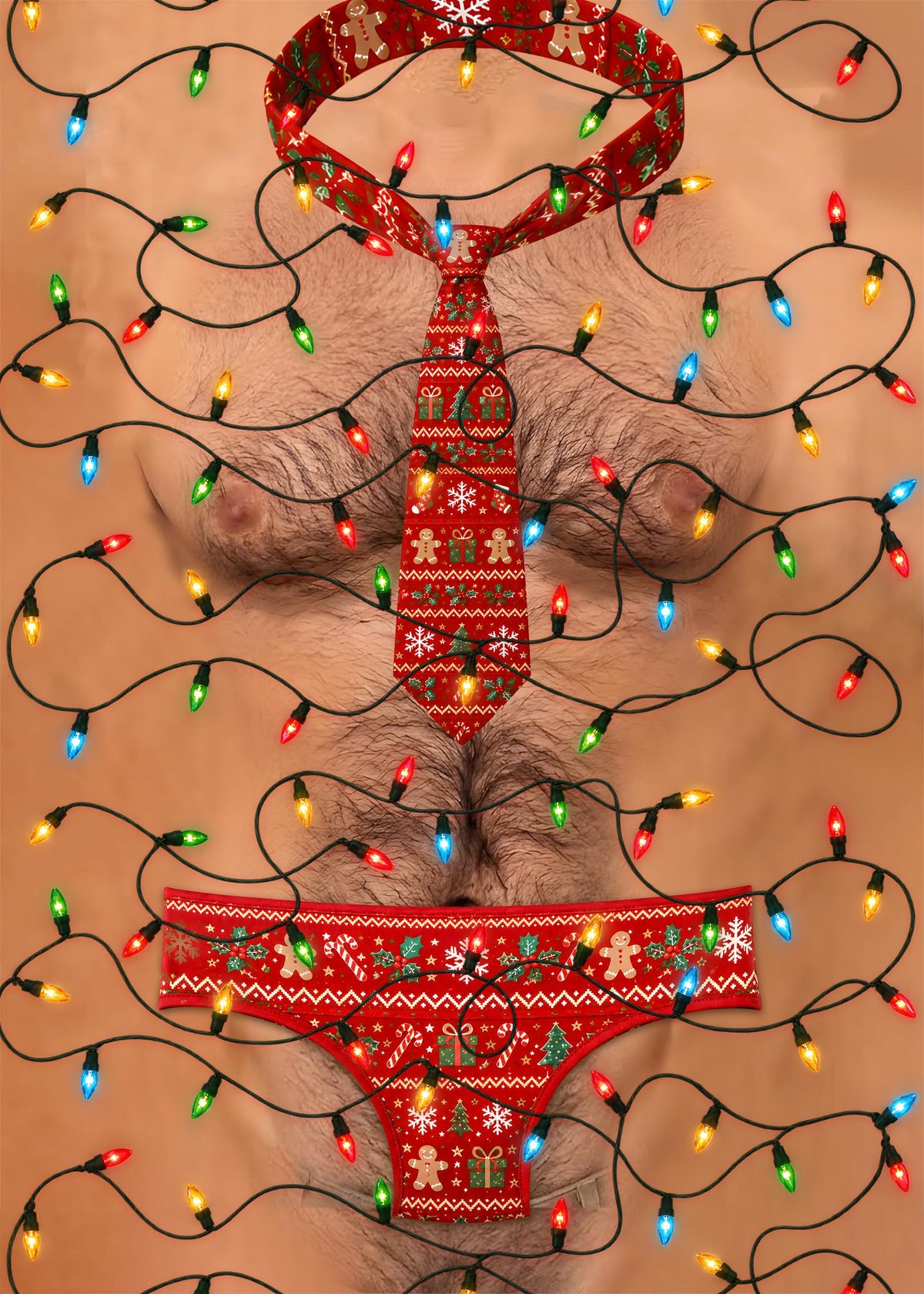 Close up view of the multicolor lights printed on the ugly sweater