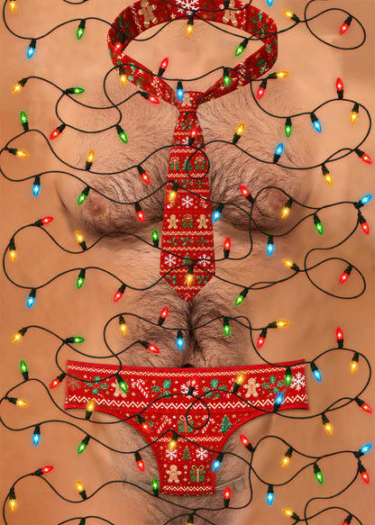 Close up view of the multicolor lights printed on the ugly sweater