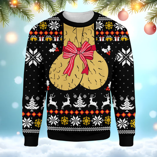 Funny naughty ugly sweater with festive bow design, front view on black background