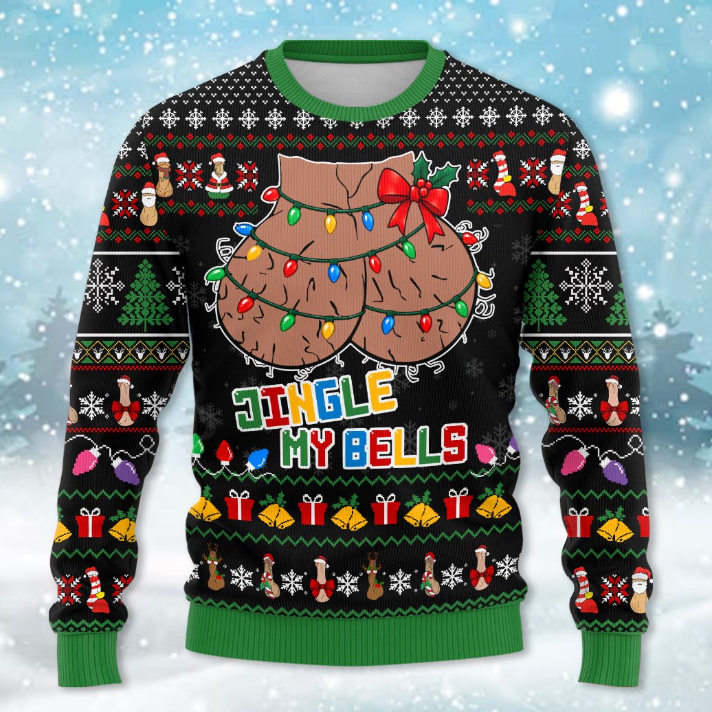 Close up front view of the naughty ugly christmas sweater