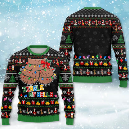 Front view of the funny ugly sweater with Jingle My Bells graphic