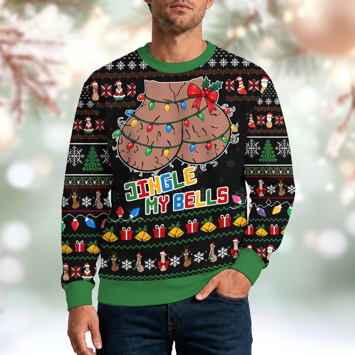 Lifestyle view of the Jingle My Bells ugly sweater on a person
