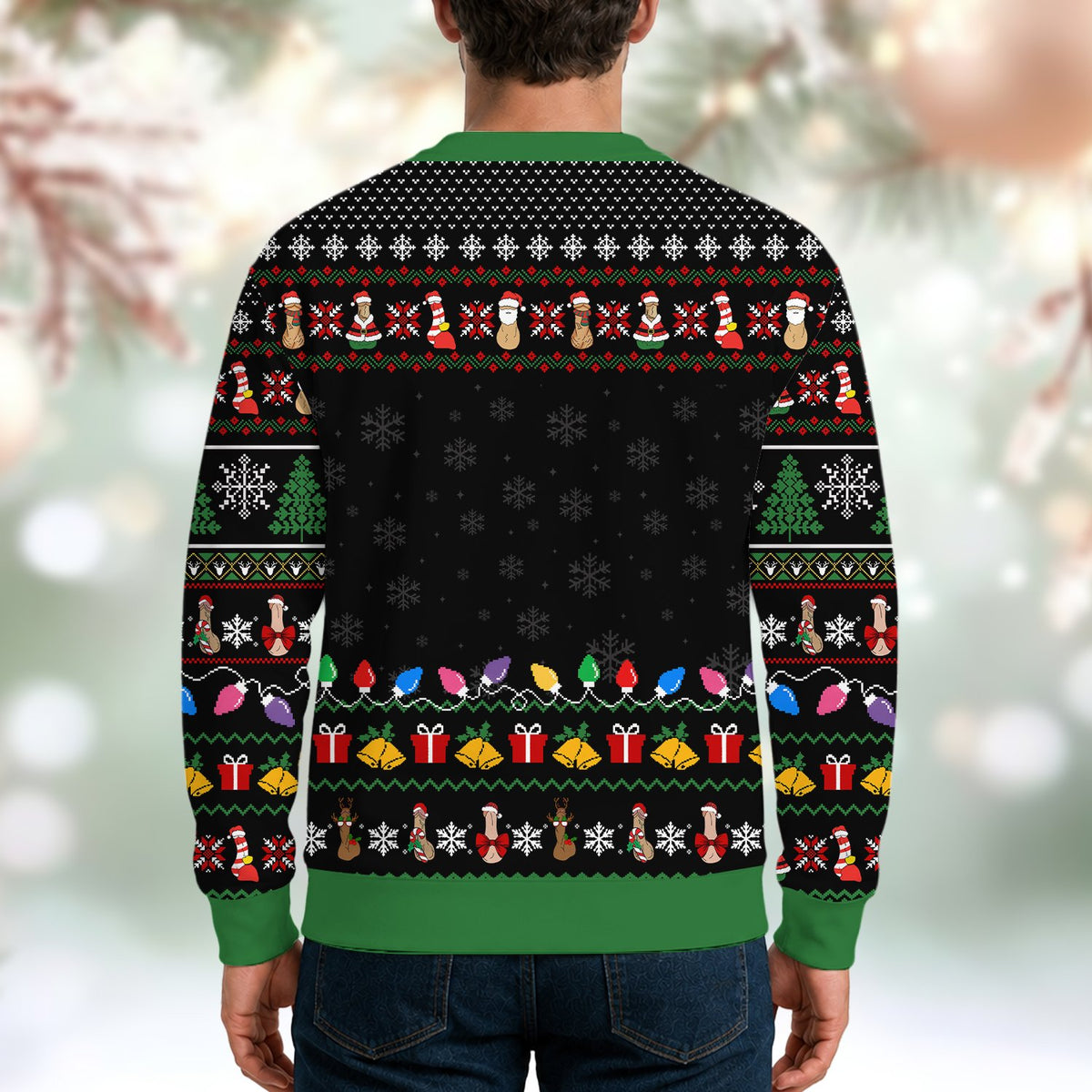 Another lifestyle shot of the funny ugly christmas sweater outdoors