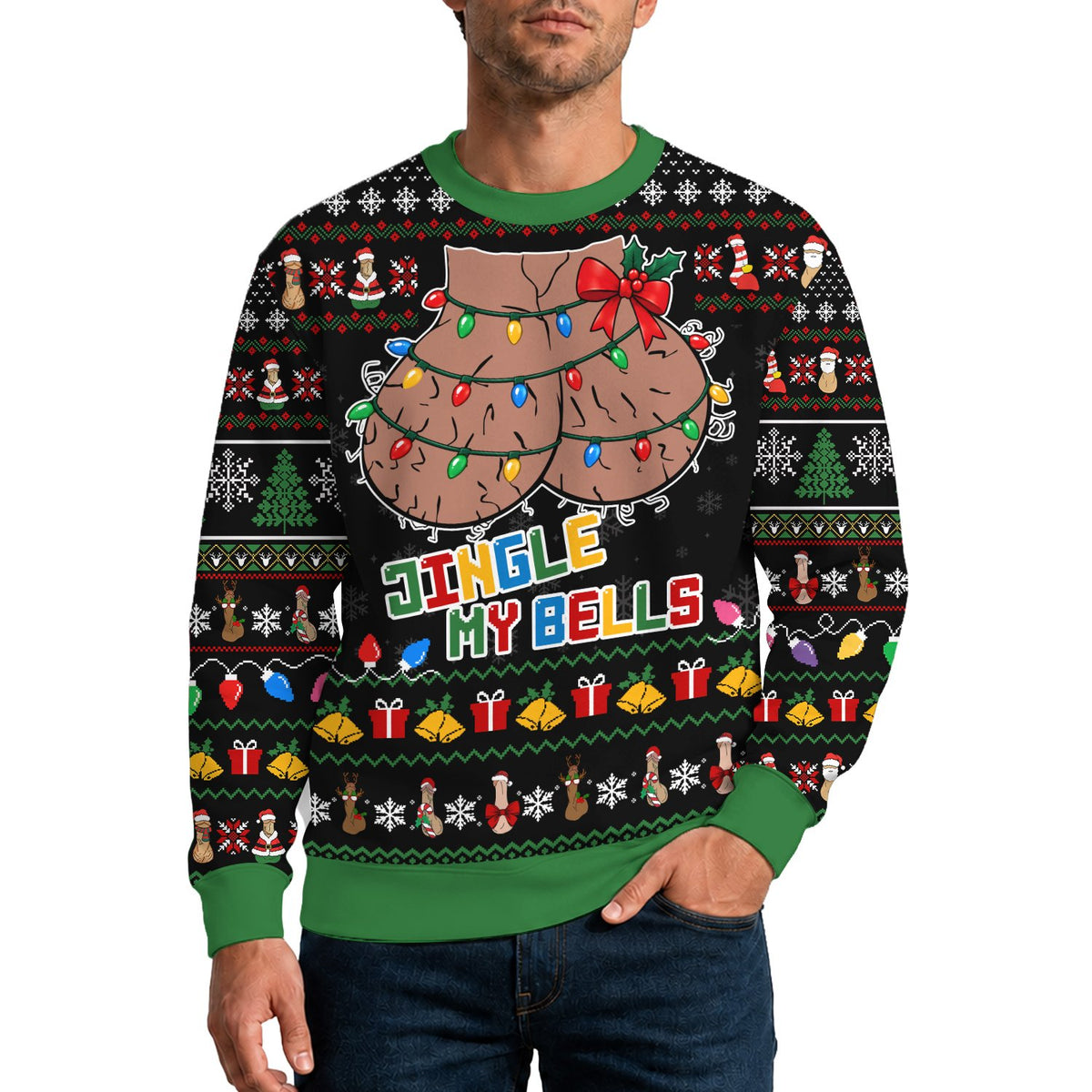 Adult wearing the naughty ugly sweater in a casual holiday setting