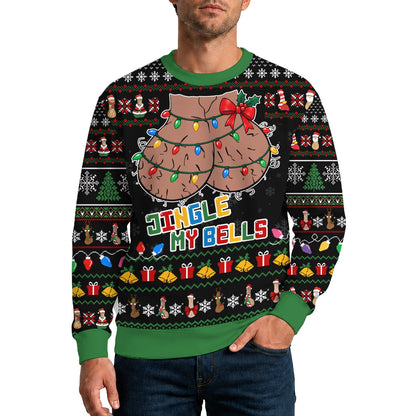 Adult wearing the naughty ugly sweater in a casual holiday setting
