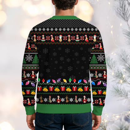 Final lifestyle image showing the humorous holiday sweater design