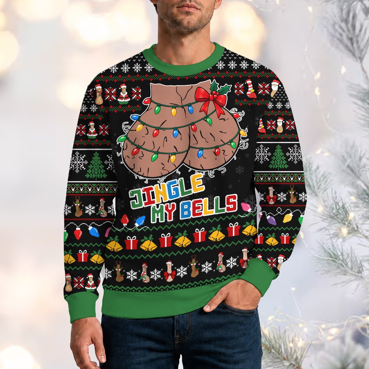 Person wearing the funny naughty christmas ugly sweater at a holiday party